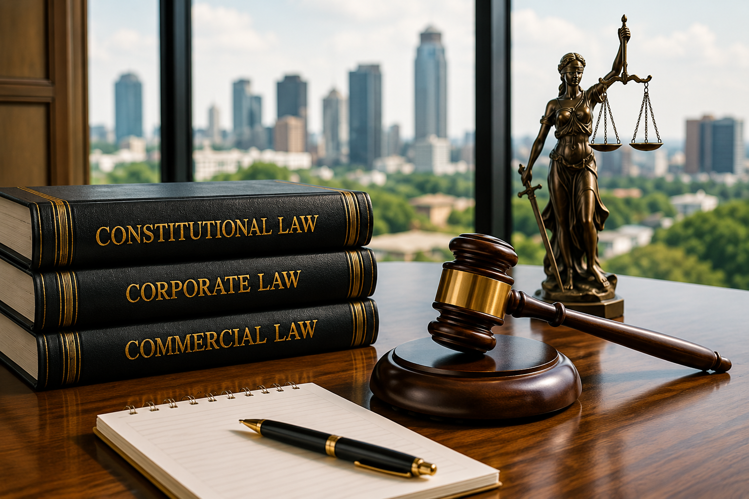 Law books, gavel and Lady Justice statue on an executive desk with a modern skyline view