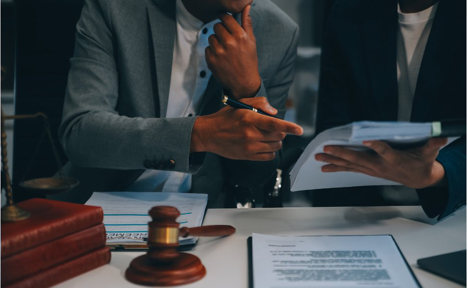 Lawyers at Stohb, Bucknor and Durson reviewing a contract