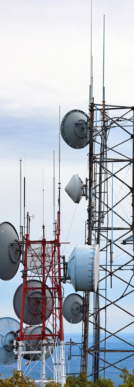 Telecommunications tower representing the Communications and Technology practice